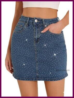 Rhinestone Denim Mini Skirt Stretchy High Rise Bodycon Jean Skirt